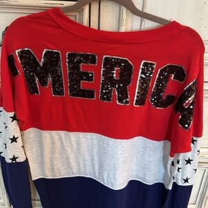 Victoria's Secret PINK ‘MERICA bling Long Sleeve top RED WHITE BLUE Sz XS